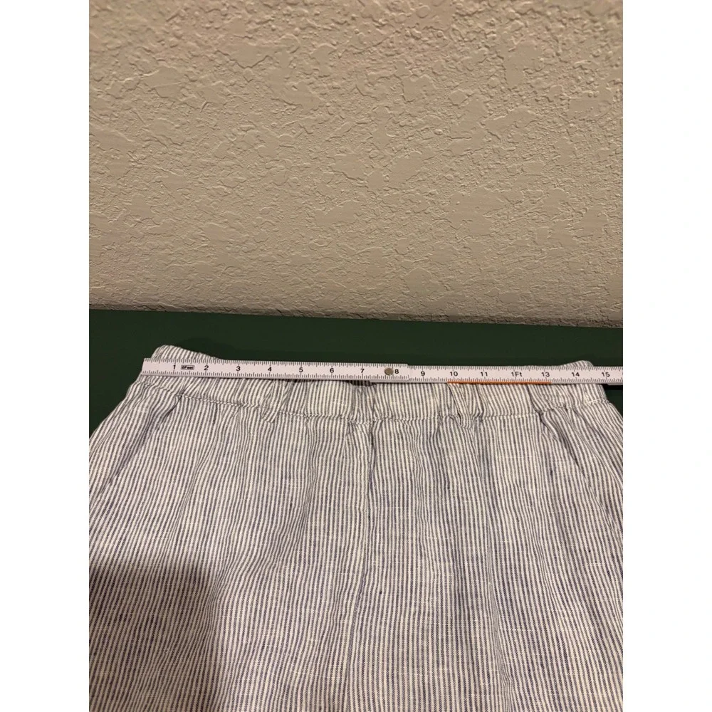 Quince 100% Linen Striped Pants Blue White Elastic Waist Cropped Trousers M